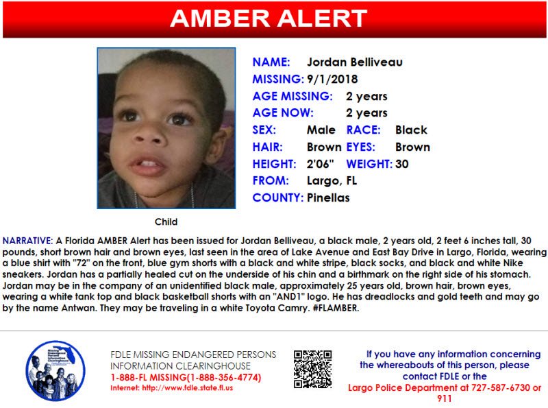 fdlepio's tweet photo. Update photo added: PLEASE SHARE! A Florida AMBER Alert has been issued for Jordan Belliveau, 2, last seen in Largo. Please contact the Largo Police Department at 727-587-6730 or 911 with any info. #FLAMBER. https://t.co/G3RHGYcxmy