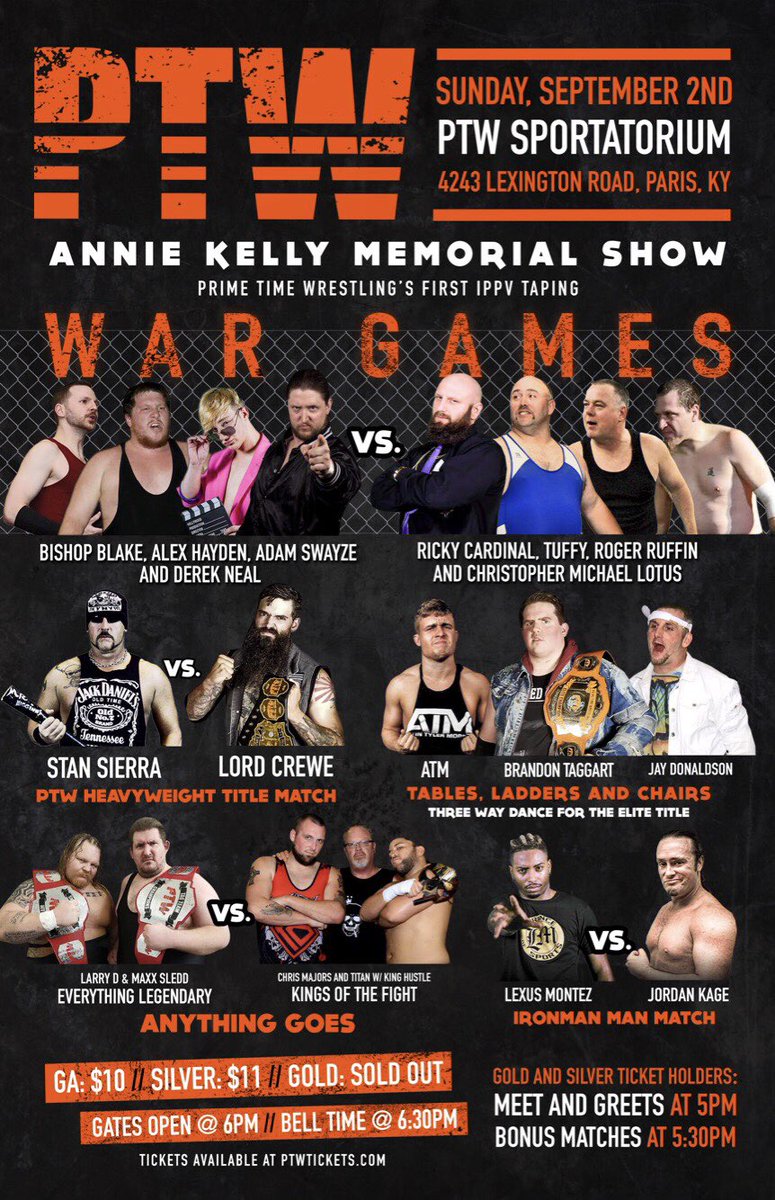 DJOtisBadass's tweet photo. .@LordCreweKills. Stan Sierra. Mr. Higgins (the axe handle Sierra carries for you newbies). @PTWrestling Heavyweight Title.
Alongside w Sean Bossman, @oldschoolicon & I will have the call on the matches!
Paris, KY has been warned tonight.
#HelloAgainEverybody #PTWProud https://t.co/B8XYvlTL61