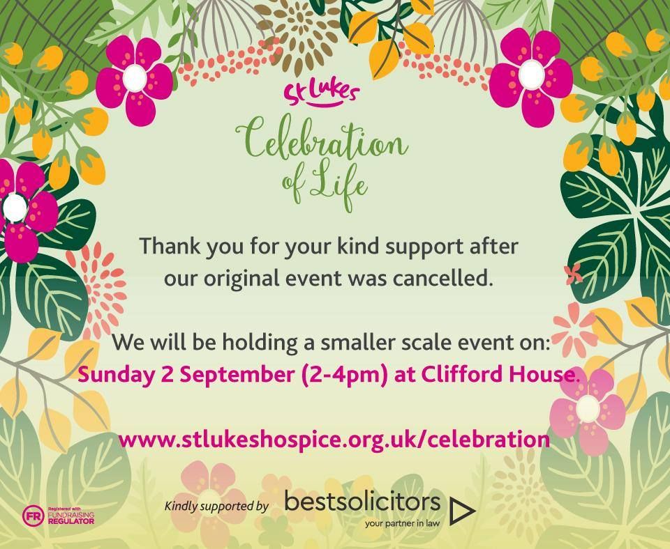 StLukes_Sheff's tweet photo. We're looking forward to welcoming our Celebration of Life guests at our rescheduled event today 2-4pm at Clifford House, sponsored by @bestsolicitors. https://t.co/NQSajpzduc https://t.co/sGeaZoFnvH