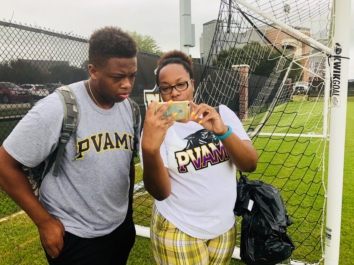 We’re getting ready for #pvamusoccer but before we start we caught #pvamuathletics social media team watching #pvamufootball end their half 23-7 at #meacswacchallenge