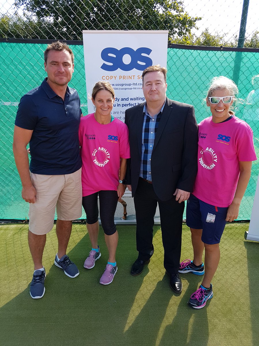 LizLongstonePR's tweet photo. .@steveharper37 with @SOSGroupLtd's Andrew Skelton and #SOSDisabilityTriathlon organisers Jo Shallcross and Tracey Sample. A great team effort and a fantastic day. The triathletes all went home smiling. 😊 https://t.co/nbkQJdUZnG