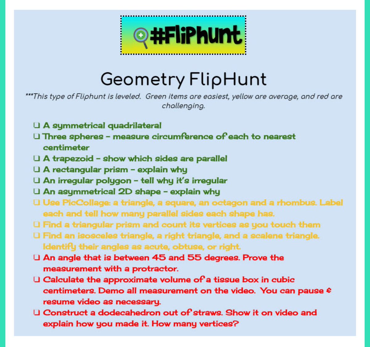 kerszi's tweet image. Hey there! Have you tried creating a #Fliphunt using @Flipgrid? Here are a few ideas to get you started! You can check out my blog post at kerszi.wordpress.com/2018/07/26/wha… and of course check out the big collaborative #Fliphunt grid!  Please add to it whenever you can!  #FlipgridFever