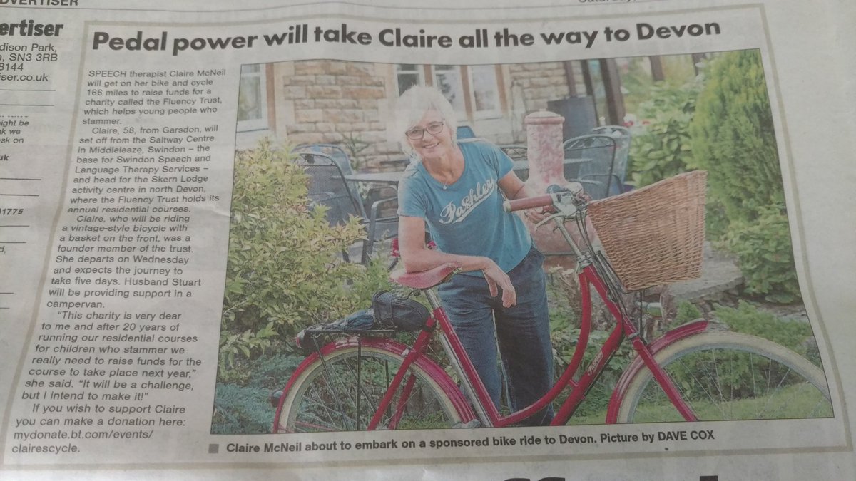 Check out Claire in the local paper. Click here to show your support mydonate.bt.com/events/claires… #TheFluencytrust #bikeride #swindonadvertiser #stammer #stutter