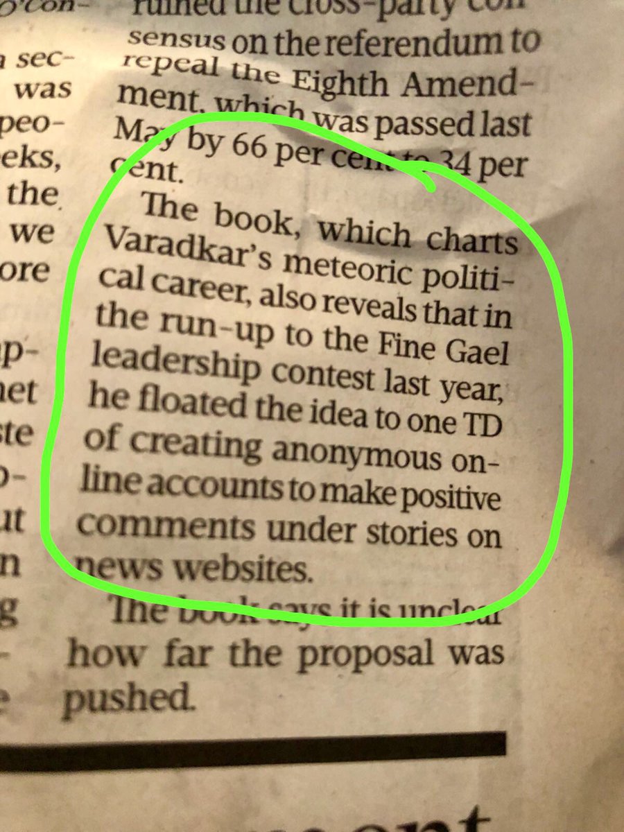 lawlessj's tweet photo. BOOM. Now we know why @campaignforleo and FG are so opposed to my social media transparency legislation. The Taoiseach wanted to run fake accounts himself! From today’s @sundaybusiness. Truth truly is stranger than fiction. #caughtrapid #fakeNews #fakeGovernment https://t.co/vqQALEqUjh