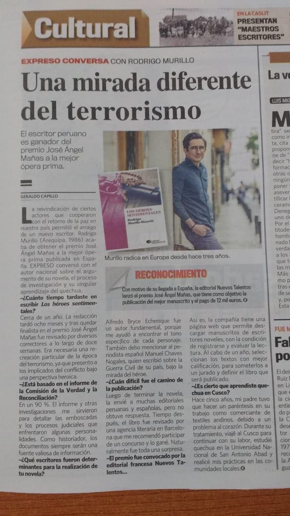 El Diario <a href="/ExpresoPeru/">Diario Expreso</a> ha entrevistado a <a href="/murillobianchi/">MurilloBianchiR</a>  con motivo del lanzamiento de #LosHeroesSentimentales expreso.com.pe/cultural/una-m…