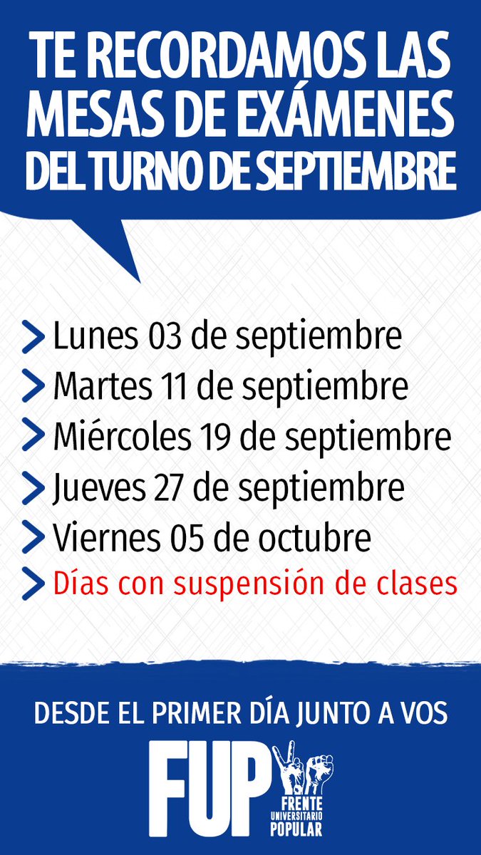Descaunnecom's tweet photo. MESAS DE EXÁMENES📝 | 👉 Mañana 📅 lunes 3 de septiembre arrancan las mesas escalonadas de septiembre/octubre con suspensión de clases. Mirá el cronograma completo 👇
#UniversidadPúblicaPorSiempre
#FUP2018 https://t.co/jUetUI2Ajq