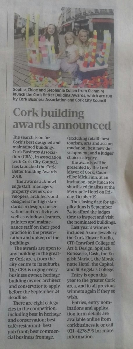 corkcitycentre's tweet photo. Thanks to @sundaybusiness for promoting the Cork Better Building Awards @CBA_cork @corkcitycouncil https://t.co/vOQ9ogbVF5