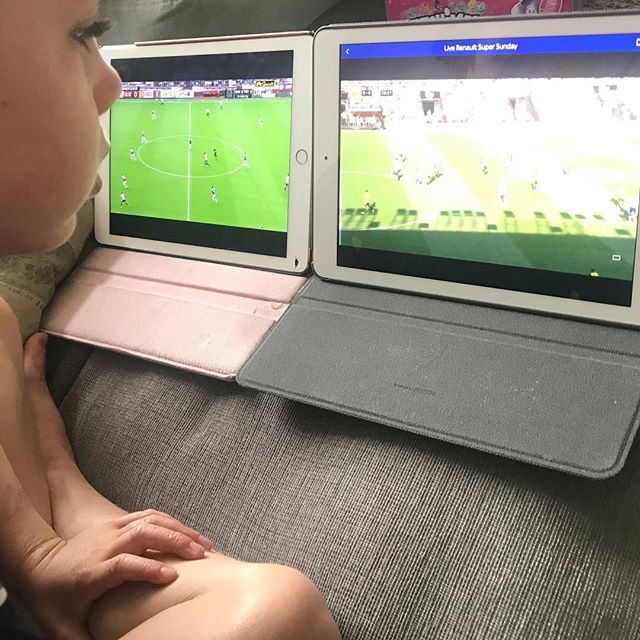 Joel_weaver's tweet photo. Levi keeping his eye on the football this afternoon #dualscreen #MNUvBUR #THvWAT https://t.co/ZozgikMDYi https://t.co/VOfJe18pKZ