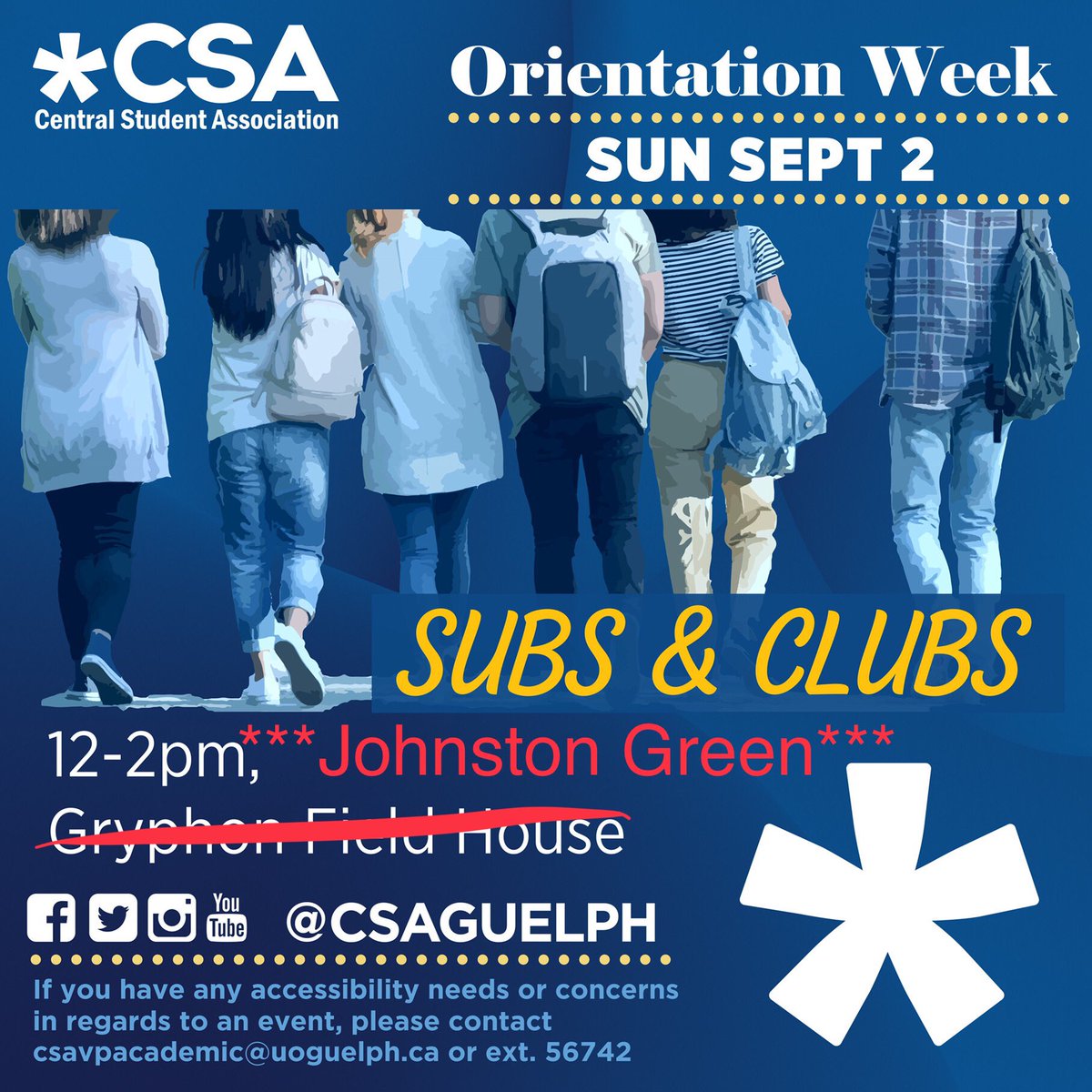 csaguelph's tweet photo. Heads up #gryphons! The location of Subs &amp; Clubs has moved to Johnston Green. Come get a free sub and learn about the CSA’s clubs from 12-2pm! #yourcsa #csaevents #uofguelph #gryphons #guelph #rainorshine https://t.co/GVJ7459jEi