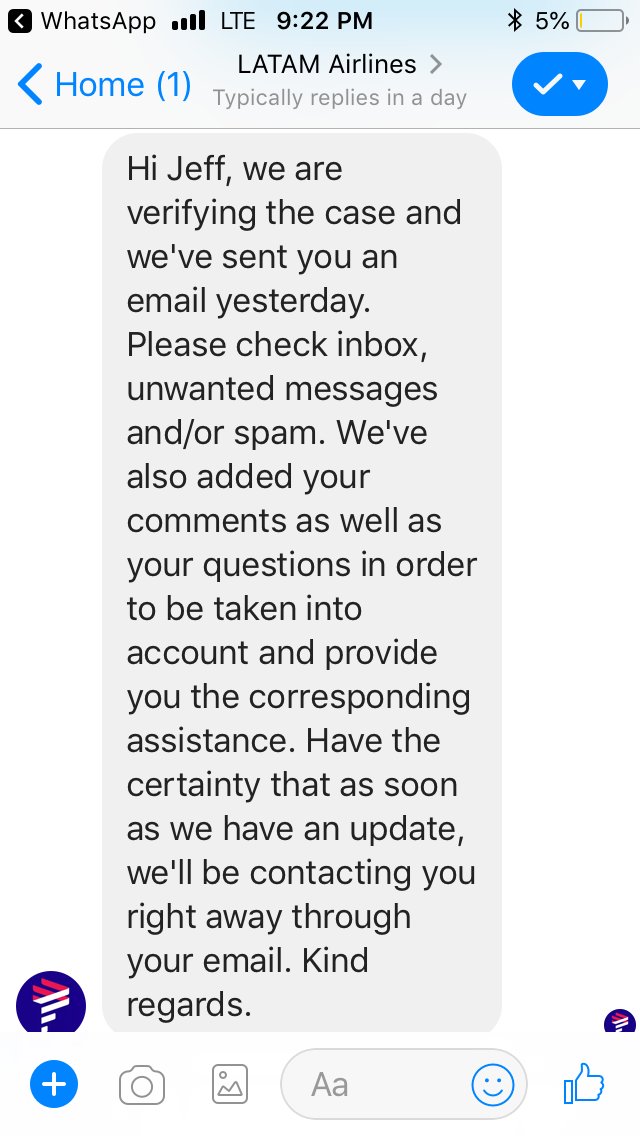 JeffGra96208976's tweet photo. @LATAMAirlinesUS Yes, another message telling me you'll contact me as soon as you have an update. Another stall tactic, my direct questions once again avoided. It's been 40 days since my bag was lost, and the specific questions I am referring to I asked on August 16th. #DoBetter #baggage #Latam https://t.co/GMhM530rE2