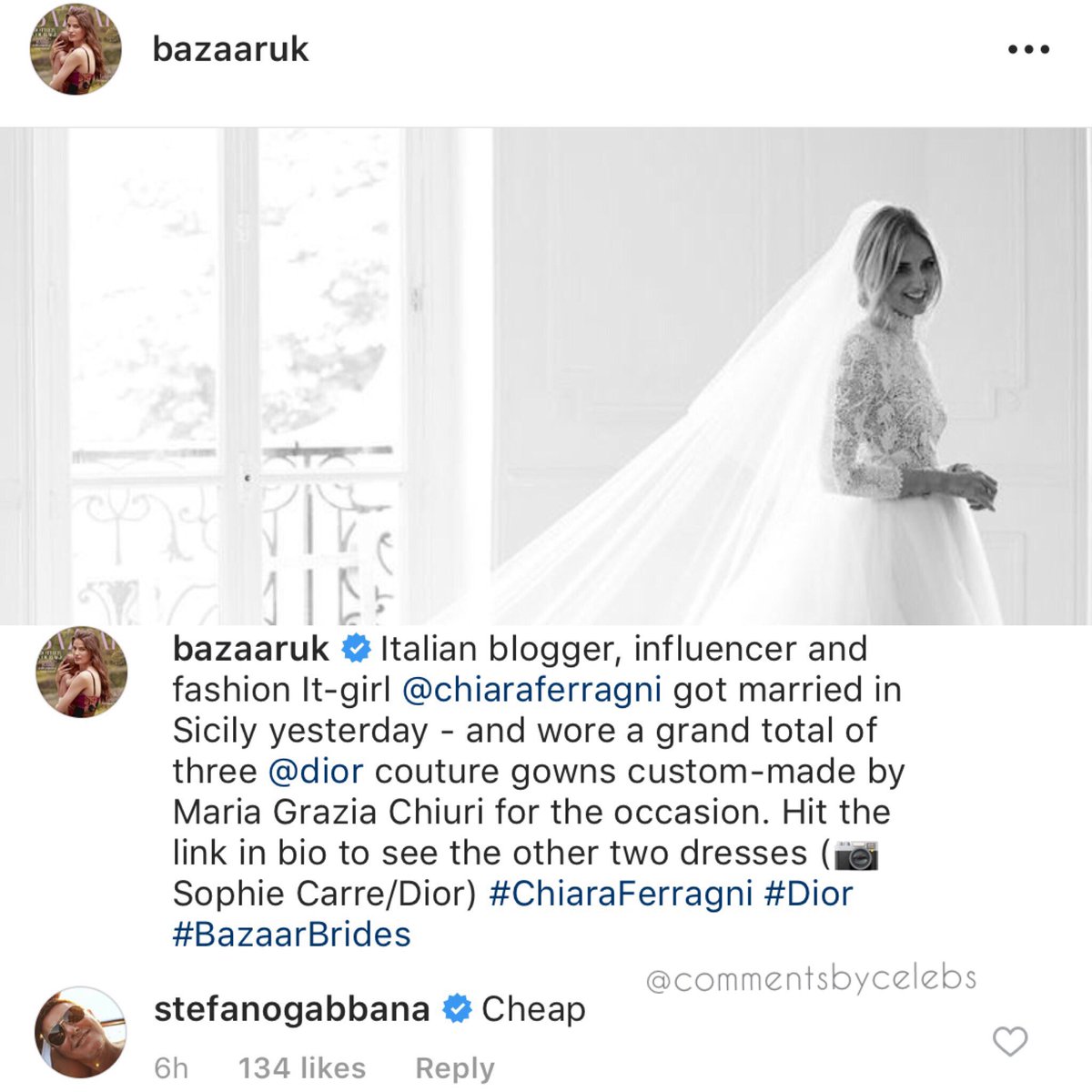 Stefano Gabbana Chiara Ferragni abito da sposa commento