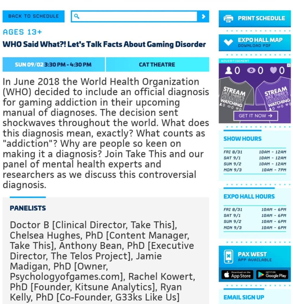DrKowert's tweet photo. Join us today as we chat about video game addiction! There will be discounted (20%!) copies of #AParentsGuide for sale and I'm happy to sign each and every one! (Please don't make me take them home with me, they are heavy!) #PAXWest #PAXWest2018 https://t.co/FUZURRZQIy