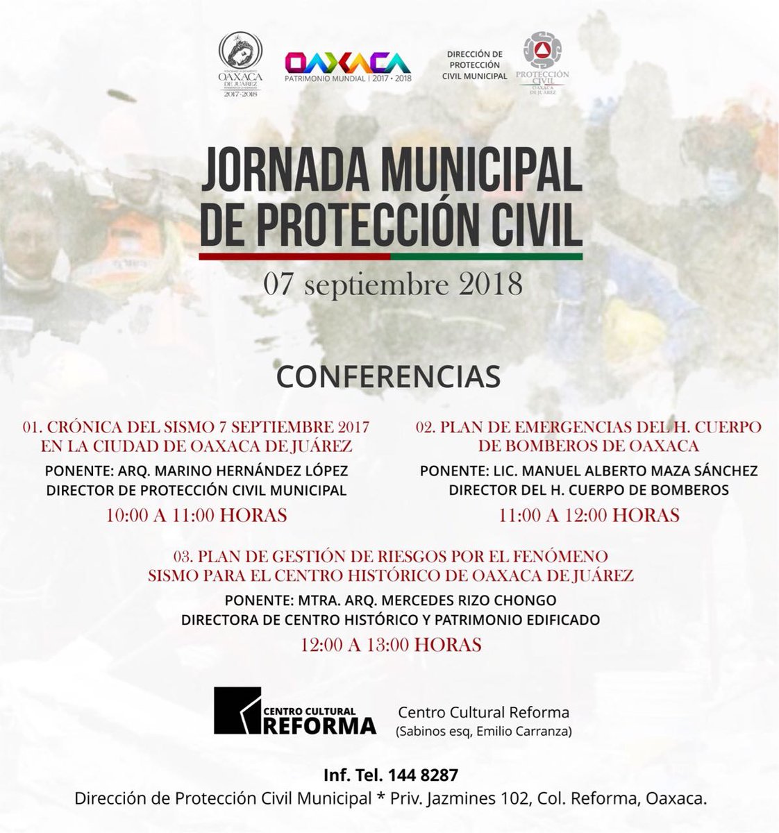 La Dirección de Protección Civil Municipal te invita a las actividades de la Jornada Municipal de Protección Civil, este 7 de septiembre en el Centro Cultural Reforma. ¡No te las pierdas!