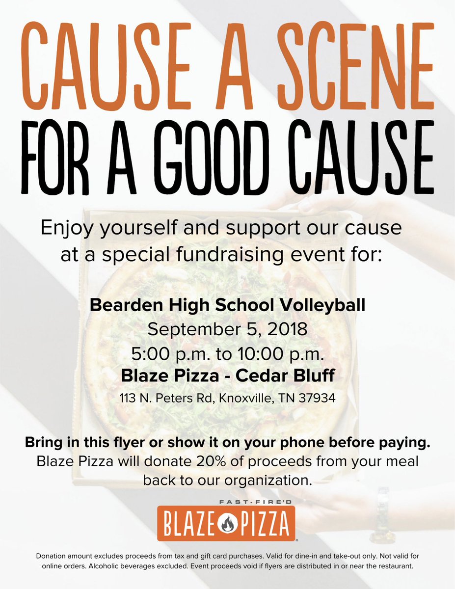Mark your calendar for Wednesday Sept 5th. Come to Blaze and support the Bearden Volleyball team! (Please present this flyer so we I’ll get credit)