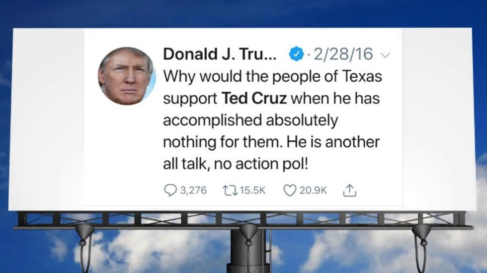 thehill's tweet photo. David Hogg helps raise thousands to place billboard of Trump's anti-Cruz tweet in Texas https://t.co/ukUK2o6ajQ https://t.co/Zcqa4xU4HO