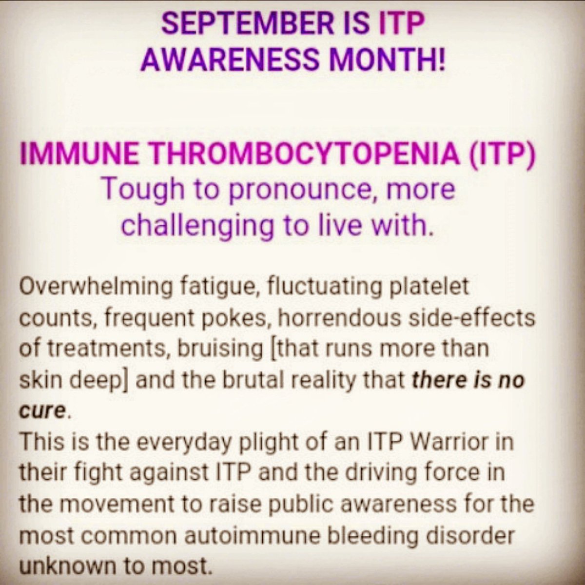 mwrogers2000's tweet photo. September is ITP awareness month! ๐๐ช
๐ #itp ๐#chronicillness ๐ ๐ #recovery ๐#AKF ๐#sideeffectssucks ๐#migraines ๐ #itpawareness ๐ #itpaware๐
.
.
๐ช #itpwarrior ๐ #lowplatelets๐ #spoonie ๐
๐ Wash rinse repeat!!! ๐ https://t.co/wBVB7VgYwV
