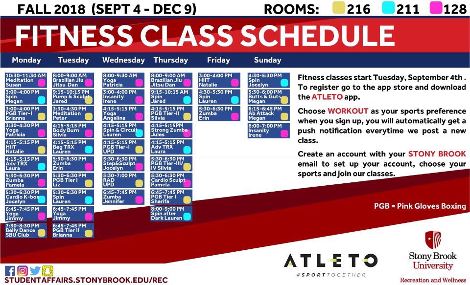 SBUCampusRec's tweet photo. Let’s get this work in! Check out our fitness schedule for the semester! Download our app: Atleto to make sign up easier! https://t.co/WEequnHd5U