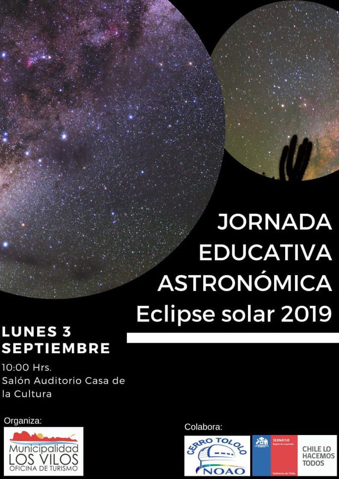 🌕🌔 <a href="/sernaturcoquimb/">SERNATUR Coquimbo</a> nos invita mañana lunes 3 de septiembre (10:00), a la “Jornada Educativa Astronómica ECLIPSE SOLAR 2019”.
Lugar: Casa de la Cultura #LosVilos. La #RegiónEstrella avanza hacia el mayor evento astronómico y de #astroturismo del próximo año <a href="/AlcaldeLosVilos/">AlcaldeLosVilos</a>