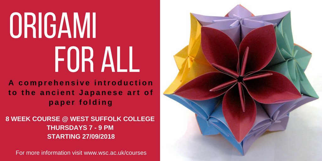 c0mplexnumber's tweet photo. Excited to be offering #Origami evening classes at @WestSuffolk College next term!
More information here: https://t.co/ZpYz37I1m8
#Mindfulness #NewSkills #TimeToFold #BritishOrigami
#BuryStEdmunds #Suffolk
Cc. @WhatsOnWSuffolk @BuryStEdBeyond @SoSuffolk https://t.co/V85emEh9O6