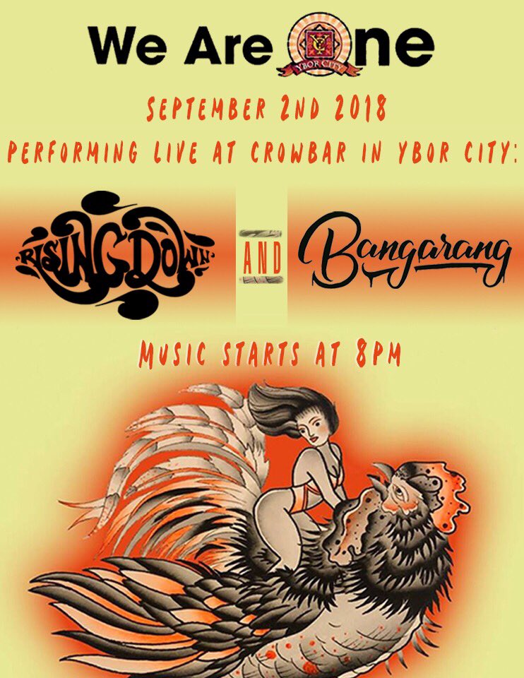 RisingDown813's tweet photo. Tonight we rock @CROWBARLIVE for the We Are One Ybor City Pub Crawl.

Be there at 8. 

#risingdown #bangarang #crowbar https://t.co/KegWBqfIRh