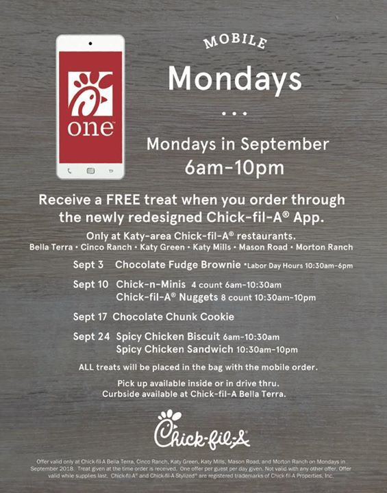 Labor Day = Mobile Monday! We will be open from 10:30AM-6:00PM tomorrow. Place a mobile order and receive a free Chocolate Fudge Brownie! We look forward to serving you. facebook.com/18632974470847…