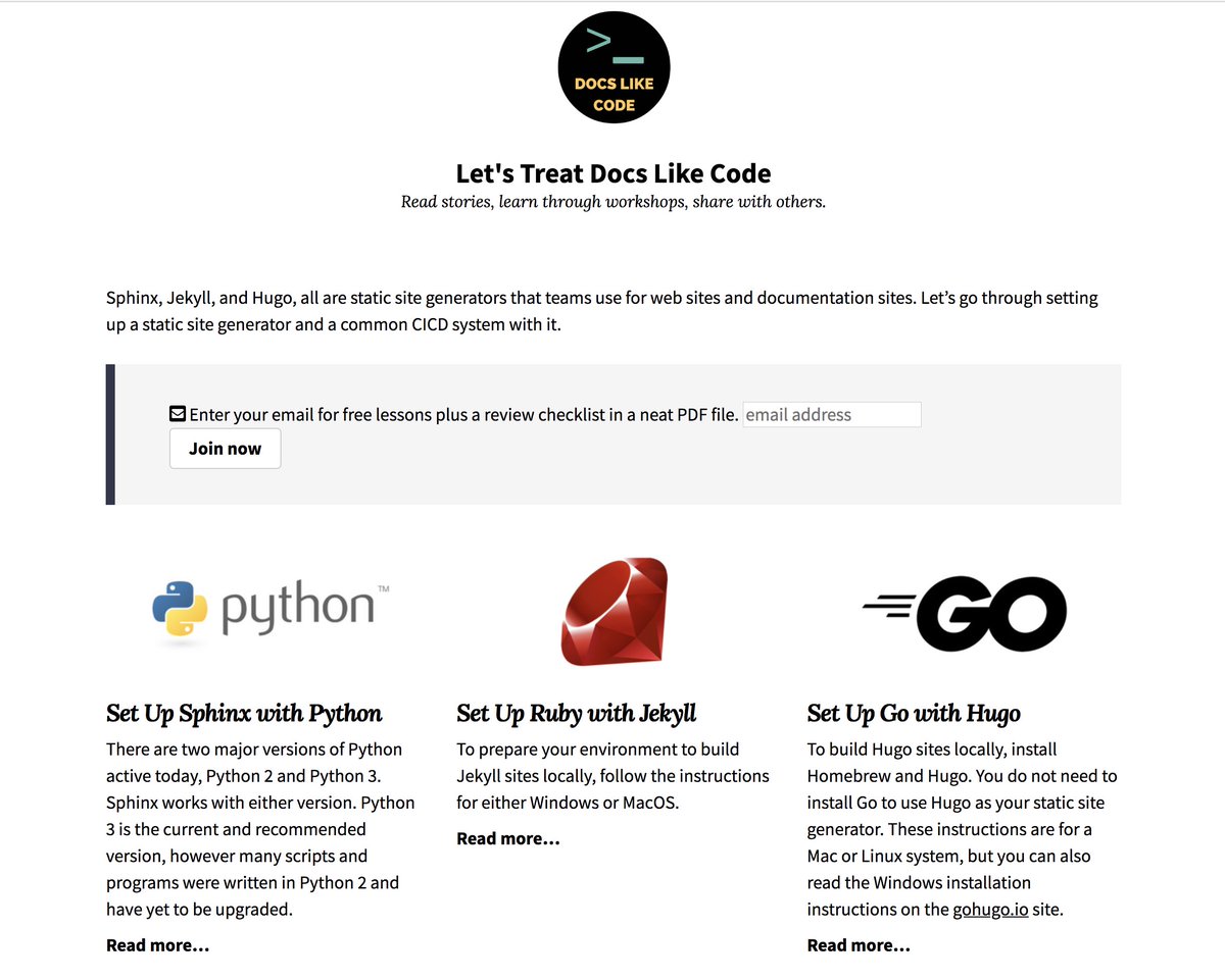 annegentle's tweet image. Launched! docslikecode.com/learn/ Learn static site generators - Sphinx, Jekyll, or Hugo, plus the tools that make SSGs a compelling tool for technical documentation. #docsascode