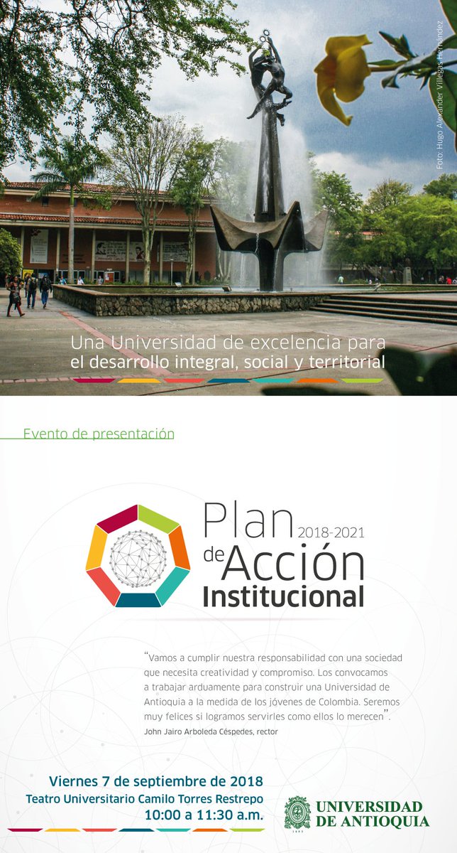 FCENUdeA's tweet photo. Nos vemos el próximo viernes 7 de septiembre a las 10:00 a.m. en la presentación del nuevo plan de acción de la @UdeA en el Teatro Universitario Camilo Torres :) https://t.co/dM42NPWUjq