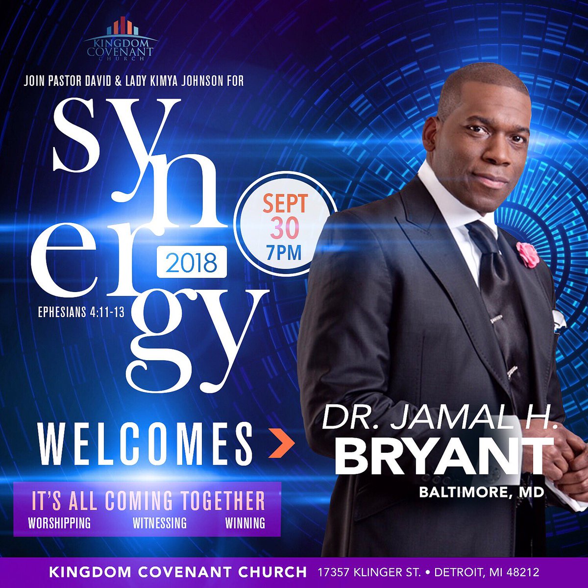 KCC_Detroit's tweet photo. The countdown to ‘Synergy 2018’ is on! Mark your calendars for the kickoff September 30th at 7pm! Dr. @jamalhbryant will be our guest! #Synergy2018 #ItsAllComingTogether #Worshipping #Witnessing #Winning #Sept30th #Family&amp;Friends #SuperSunday #ItsAboutToGoDown https://t.co/y7j29m0RmJ