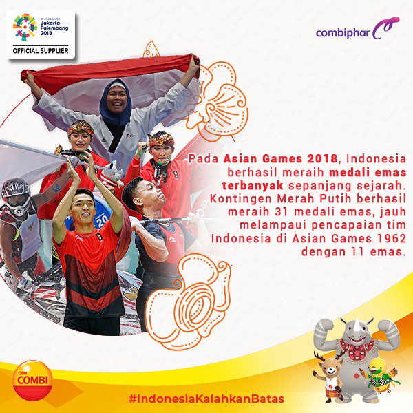 obhcombi's tweet photo. Terima kasih untuk para atlet Indonesia! Ini adalah pencapaian terbaik sepanjang keikutsertaannya di ASIAN GAMES. 31 emas, finish di posisi ke-4 dan banyak rekor baru yang terpecahkan. Kami semua bangga! #IndonesiaKalahkanBatas https://t.co/ucVmSfKdad