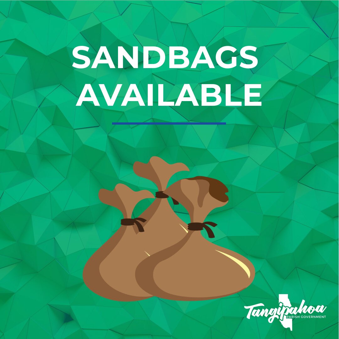 TangiOHSEP's tweet photo. {Sandbag Distribution}
Please note: sandbags will be available from 8am to 5pm tomorrow, Monday, September 3rd at:

Pleasant Ridge Public Works
44512 Pleasant Ridge Rd
Hammond, La 70401 https://t.co/4oaG21LC8i