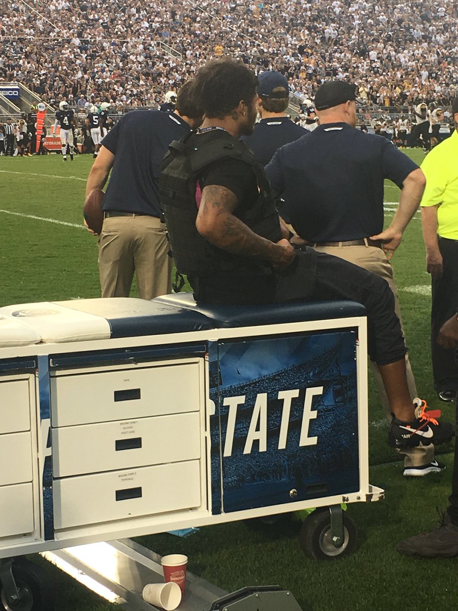 Steelers Marcus Allen , came back to beaver stadium Saturday for the home opener. ( wearing bulletproof looking vest ) 🤔