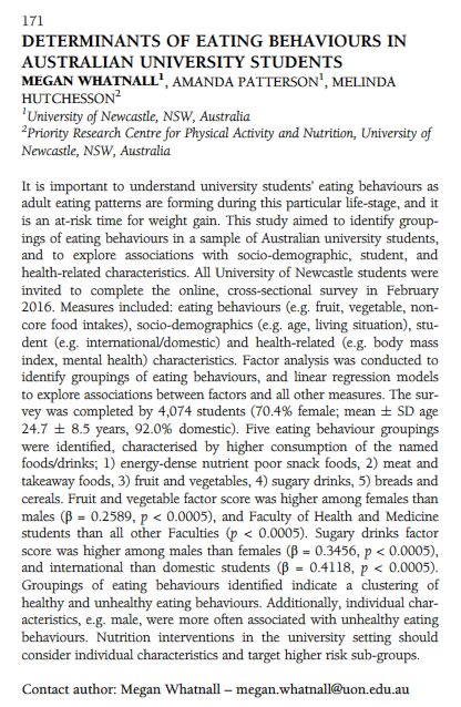 uon_dt's tweet photo. We know most uni students don't eat well, but are some less healthy than others? Results from our study of UON students shared at #DAA2018 found males, younger students, students living at home and those in non-health degrees had poorer diets. https://t.co/iz66UzqlIQ https://t.co/Zy7swDeRZJ