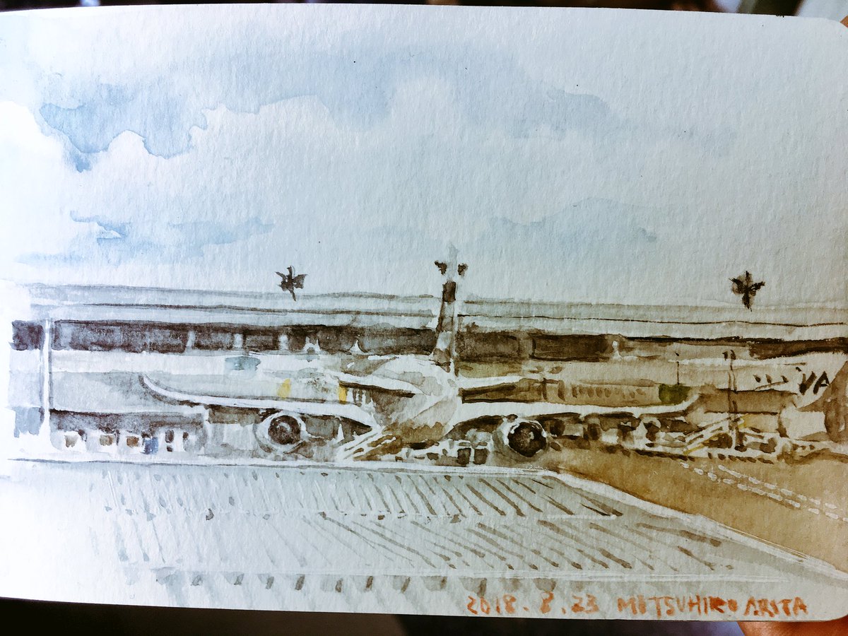 MitsuhiroArita's tweet photo. #sketch at #Naruta #airport using #holbein #Watercolor on #Moleskine #artpocket よく考えたら先週末はポケモンワールドチャンピオンシップでナッシュビルにいたのだった…サイン会サプライズだから！ということで公開してなかった出発時の成田空港。現在山梨通過中 https://t.co/594urw4P6k