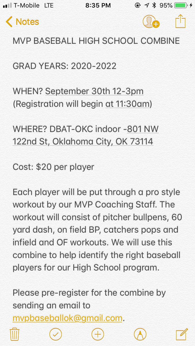 MVP BASEBALL HIGH SCHOOL COMBINE 

GRAD YEARS: 2020-2022

WHEN? September 30th 12-3pm 

WHERE? DBAT-OKC indoor -801 NW 122nd St, Oklahoma City, OK 73114.

Please see more information below!