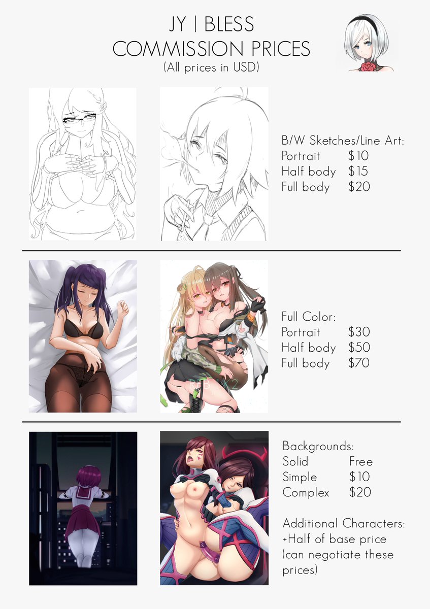 I have resumed my full time job and as a result can only open 3 slots per month. Thus I have lowered my prices to reflect such. I draw girls mostly, I do NSFW work.
All prices are negotiable, highly depends on what you need.
Please email: jayceaua@gmail.com
DMs are open