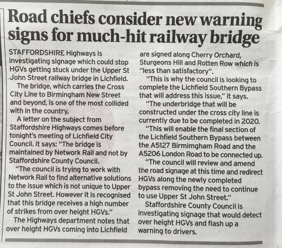LichfieldBridge's tweet photo. An article in the @LichMercury again about me and #LichfieldSouthernBypass Will this make that much difference though? Lorries will still use Upper St John Street no matter what #LichfieldBridge #Lichfield #bridge @networkrail https://t.co/i8DsJBLEFg