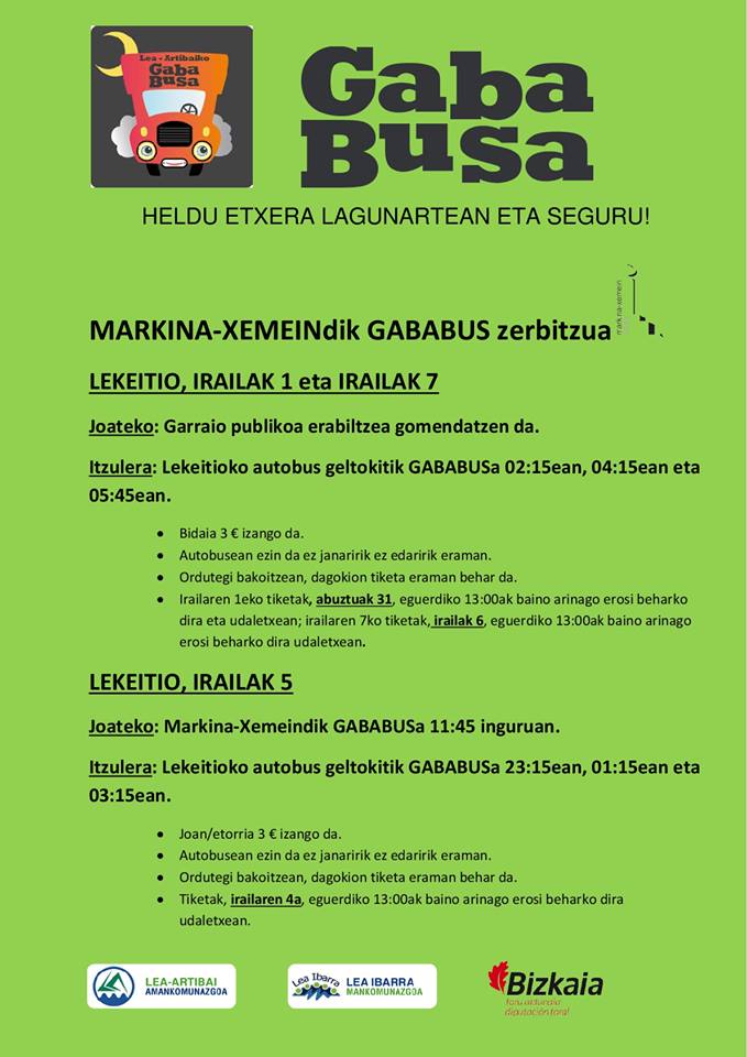 MarkinaXemein's tweet photo. Lekeitioko jaietatik #MarkinaXemein-era itzultzeko #Gababus zerbitzua eskainiko da irailaren 5ean eta 7an. Tikeak salgai daude udaletxeko harreran @LeakoHitza https://t.co/iS1kGVM1K1