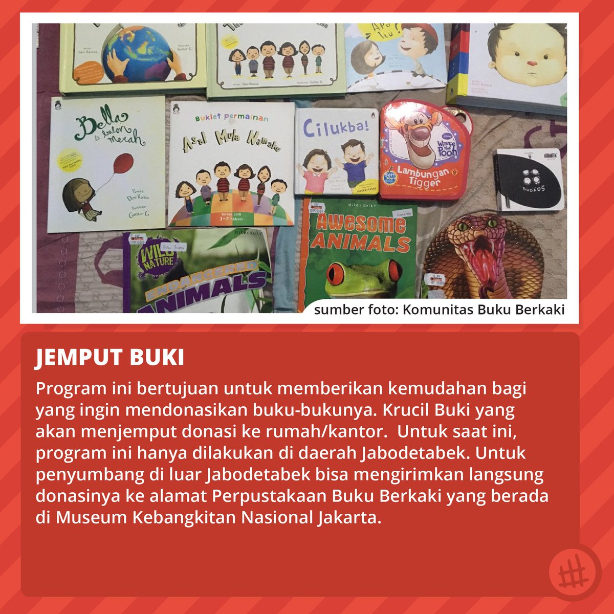 Program <a href="/BukuBerkaki/">BukuBerkaki</a> ini bertujuan untuk memberikan kemudahan bagi yang ingin mendonasikan buku-bukunya. Ayo kalian yang punya buku bekas bisa benget nih di donasi buku di sini!