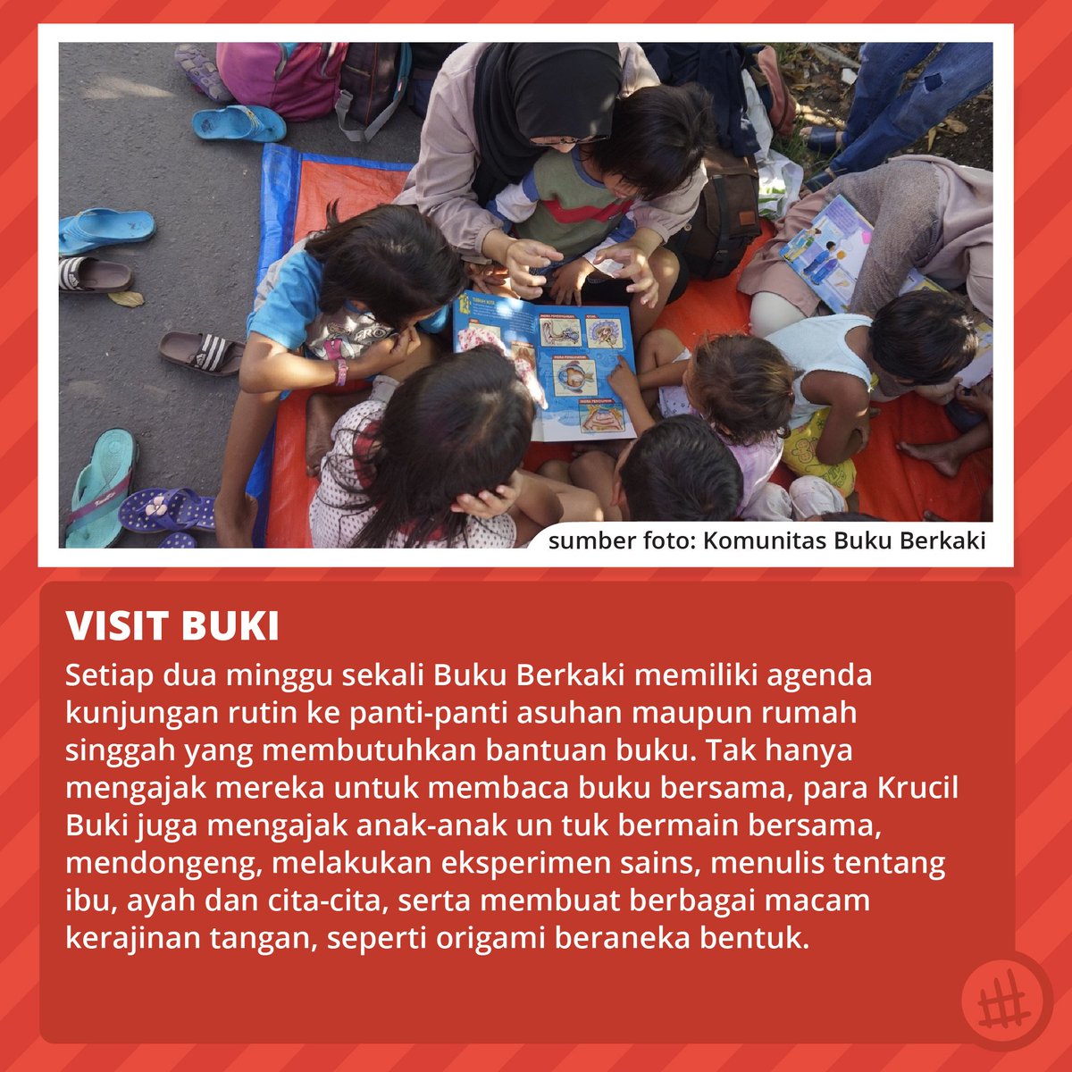 Setiap dua minggu sekali <a href="/BukuBerkaki/">BukuBerkaki</a> memiliki agenda kunjungan rutin ke panti-panti asuhan maupun rumah singgah yang membutuhkan bantuan buku, lho!