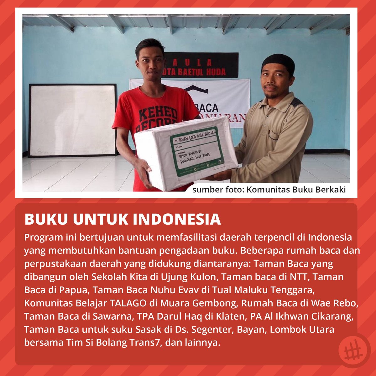 Program <a href="/BukuBerkaki/">BukuBerkaki</a> yang satu ini bertujuan untuk memfasilitasi daerah terpencil di Indonesia yang membutuhkan bantuan pengadaan buku. Wah, inspiratif sekali yaa..