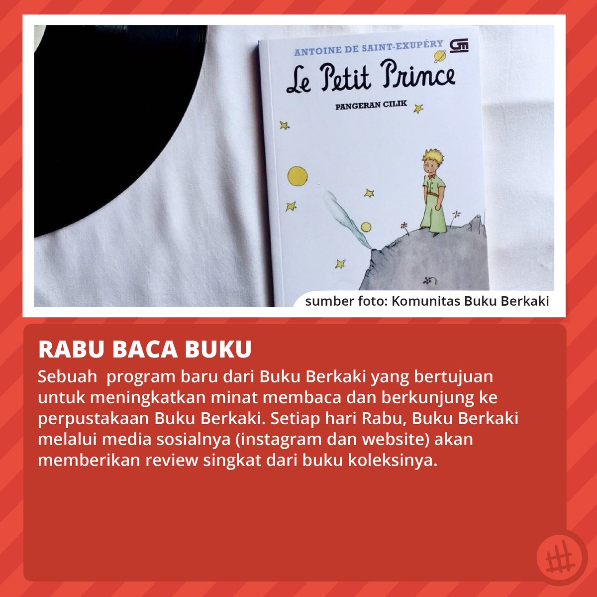 Kenalkan, program baru dari komunitas <a href="/BukuBerkaki/">BukuBerkaki</a> yang bertujuan untuk meningkatkan minat baca dan berkunjung ke perpustakaan Buku Berkaki. Kreatif sekali yaa..