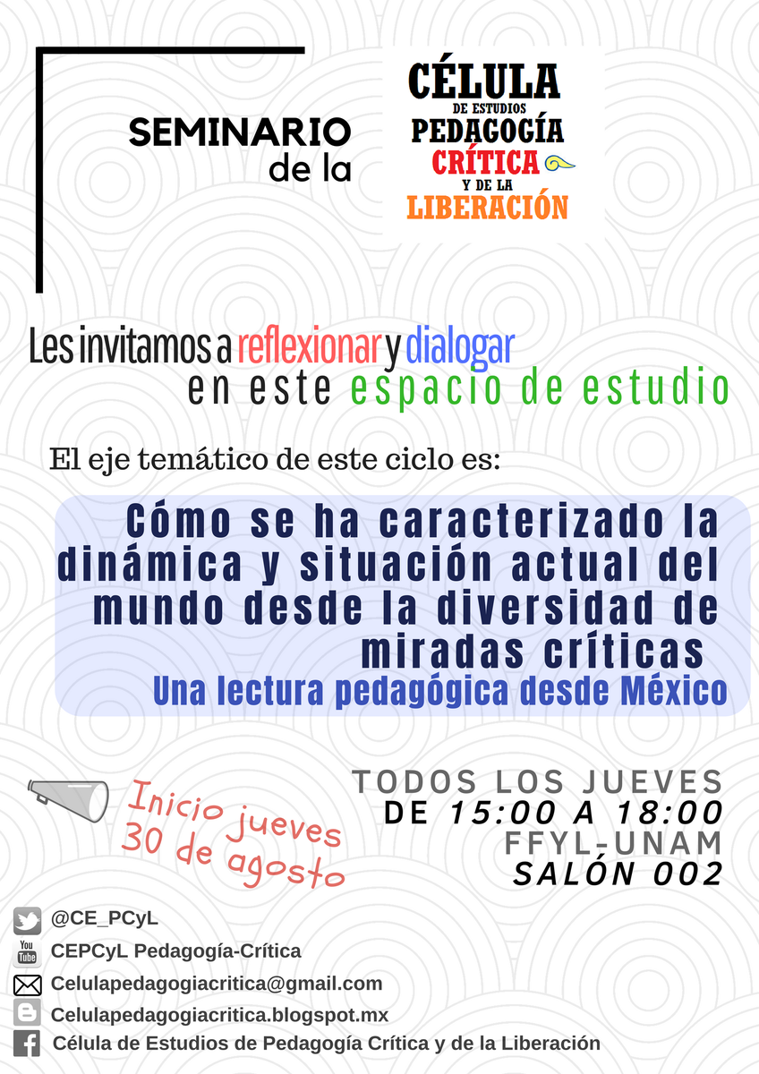 CE_PCyL's tweet photo. Seminario de la Célula de Estudios de Pedagogía Crítica y de la Liberación.
Todos los jueves 
de 15:00 a 18:00 horas 
en el salón 002 
de la Facultad de @filos_unam https://t.co/oux96Z9siR