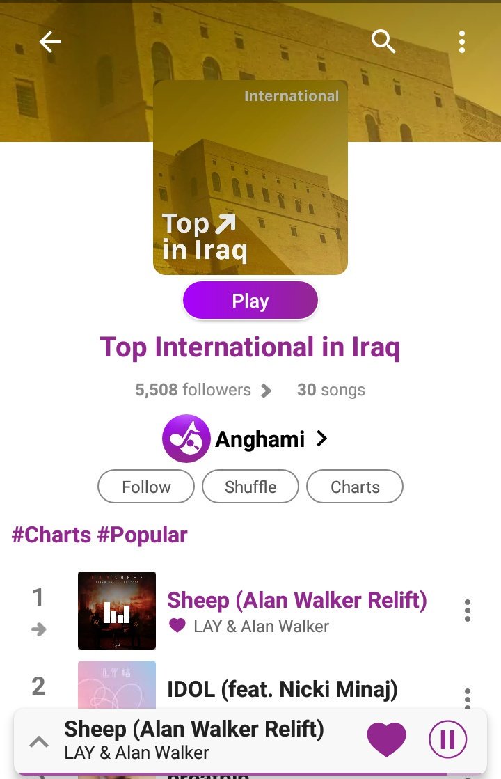 مرتبة اغنية لاي Sheep مع Alan walker على مخططات انغامي للبلدان العربية حاليا: 
١ في العراق 
١٦ في الجزائر 
١٢ في عمان 
٢١ في تونس 
٢٥ في البحرين 
٧ في سوريا 
٨  فلسطين 
٢٥  المغرب 
٢٩  قطر 
٢٠  مصر 
٢٩  لبنان 
٢٢  الاردن 
٢١  الكويت 
١٥  السعودية 
<a href="/weareoneEXO/">EXO</a>
<a href="/LAY_zhang_/">Apple Sauce</a>