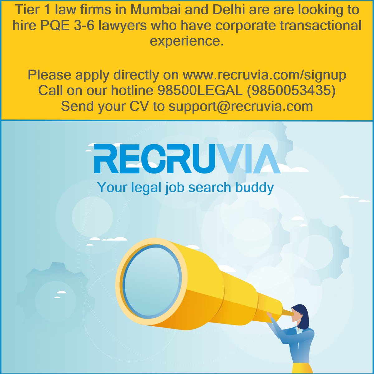 #Hotline: 98500LEGAL (9850053425)
#Email: support@recruvia.com
#Apply: recruvia.com/signup

#legaljobs #jobsearch #jobs #mumbai #lawfirms #recruitment #recruiting #hiring #opening #legalopenings #lawyer #lawyeropenings #openingsforlawyers #jobsforlawyers #hiringlawyers #delhi