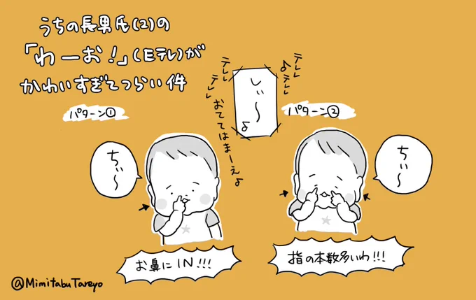 長男氏(2)、いないいないばあっ!の「わーお」という曲をよく踊ってくれるのだが、「しぃ〜♪」の部分が絶妙に惜しいところが最高にシュール&好き

#育児漫画 #育児絵日記 