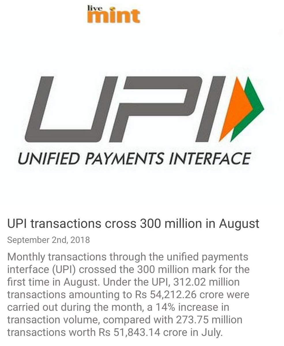 UPI transactions cross 300 million in August. 
livemint.com/Industry/m1xfH… via NaMo App