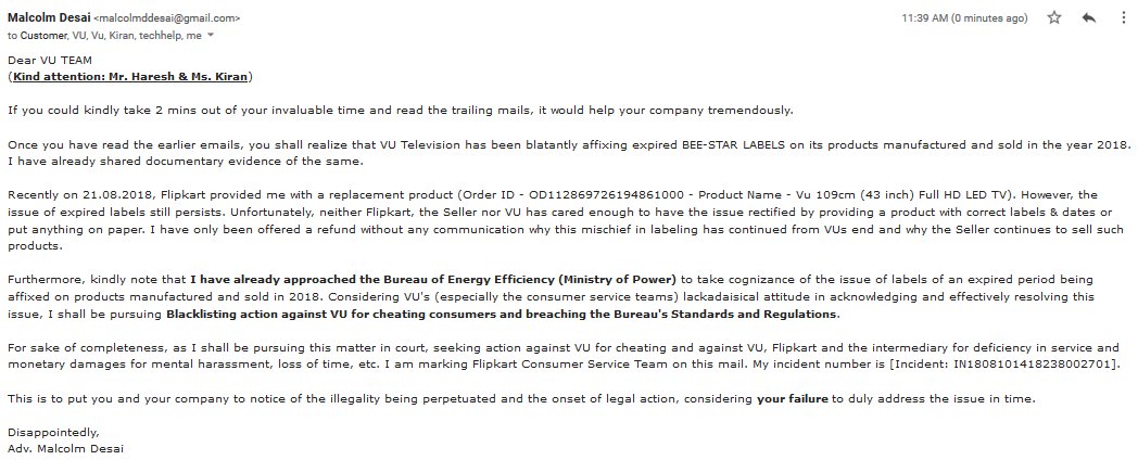 Uzivatel Malcolm Desai Na Twitteru Kalyan K In Furtherance To My Tweets Please See The Reminder Email Sent To Vu Tvs Kindly Note That Because Of Such Companies And Flipkart Complacency Consumers Are