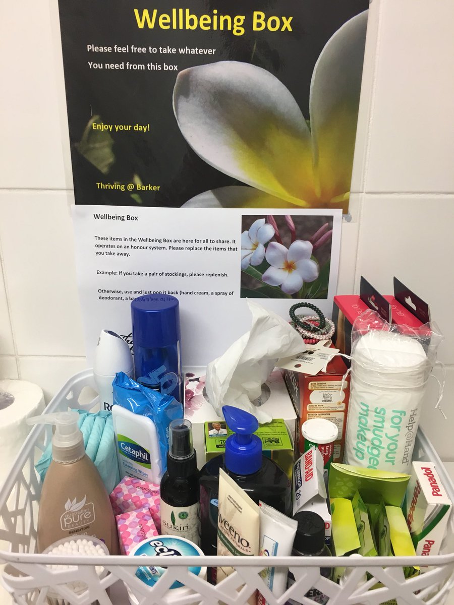 Arrived at work <a href="/BarkerCollege/">Barker College</a> today to find this lovely package in the women’s bathroom- an initiative from our Director of Wellbeing <a href="/rdudgeon/">Rowena Dudgeon</a> A Wellbeing Box! So fantastic! #Thankyou #Gratitude #thriving