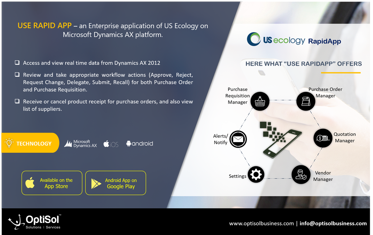 OptiSol's tweet image. USEcology RapidApp - allows users to access real time Purchase Order &amp;amp; Purchase Requisition data using #DynamicsAX2012. Users can review &amp;amp; take appropriate workflow actions for the orders/receipts. Casestudy goo.gl/G4SToF #MicrosoftDynamics #TotalWasteManagement #Mobile