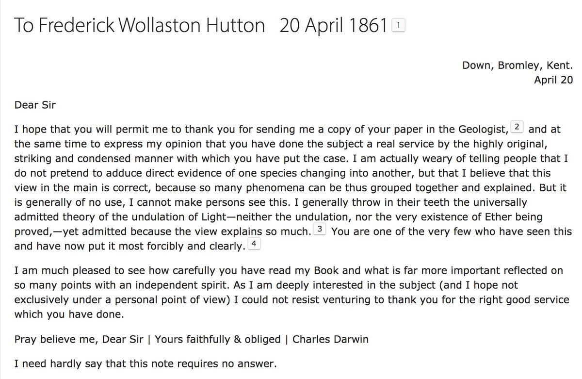 In 1861, Frederick Hutton, 1st Curator of @OtagoMuseum, wrote a very favourable review of Darwin's Theory. He sent a copy to Mr Darwin who, 'much pleased', wrote back. biodiversitylibrary.org/item/174362#pa… & darwinproject.ac.uk/letter/DCP-LET… via @BioDivLibrary @Cambridge_Uni #DarwinCorrespondenceProject